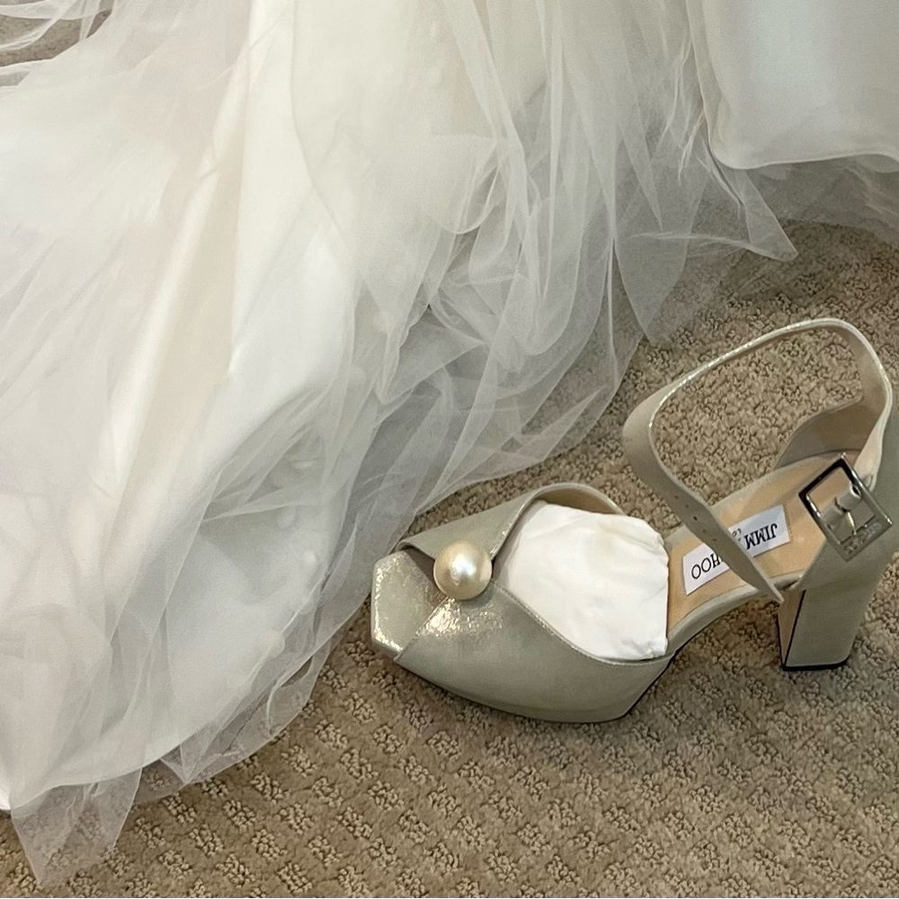 Jimmy Choo shimmer suede pearl 120mm Socorie Platform, 11B: Champagne/white - Picture 3 of 4